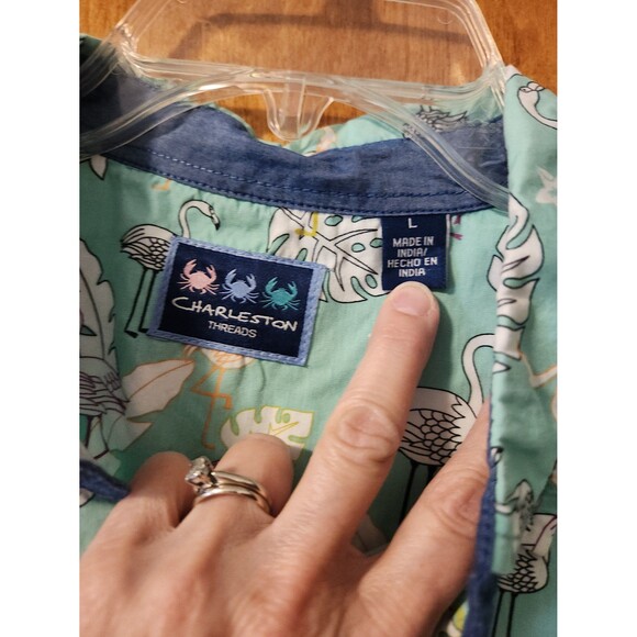 Charleston Threads flamingo palm leaf print short sleeve button down shirt sz L - Picture 3 of 5